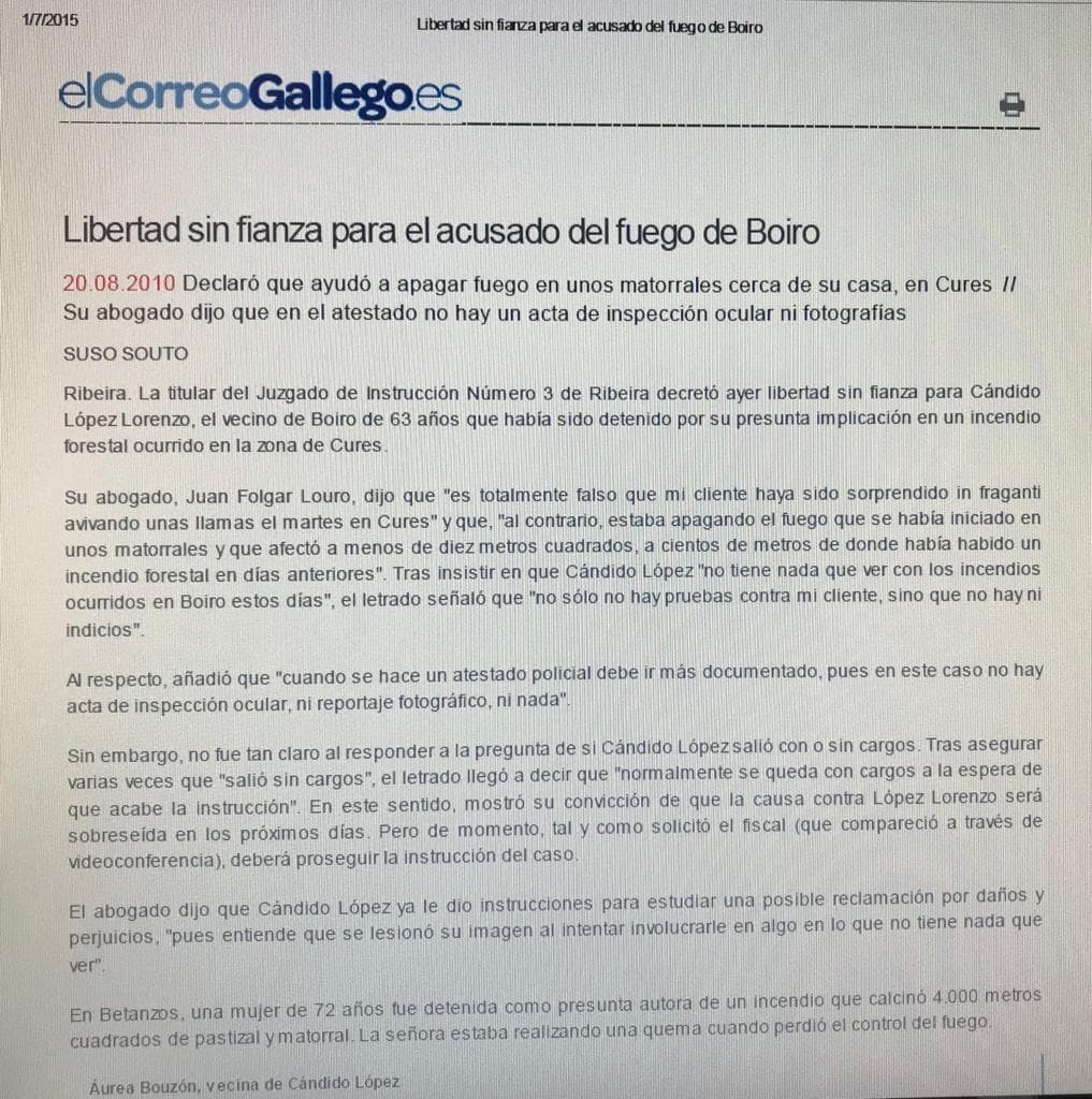 HEMEROTECA: EL CORREO GALLEGO (20-08-2.010)- EN LIBERTAD PRESUNTO INCENDIARIO EN BOIRO 