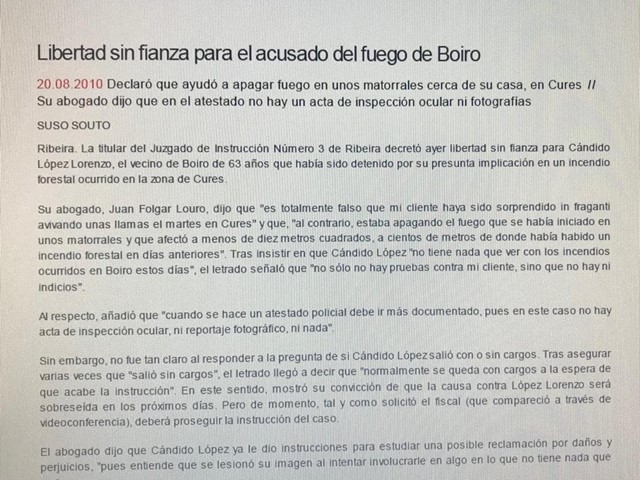 HEMEROTECA: EL CORREO GALLEGO (20-08-2.010)- EN LIBERTAD PRESUNTO INCENDIARIO EN BOIRO 