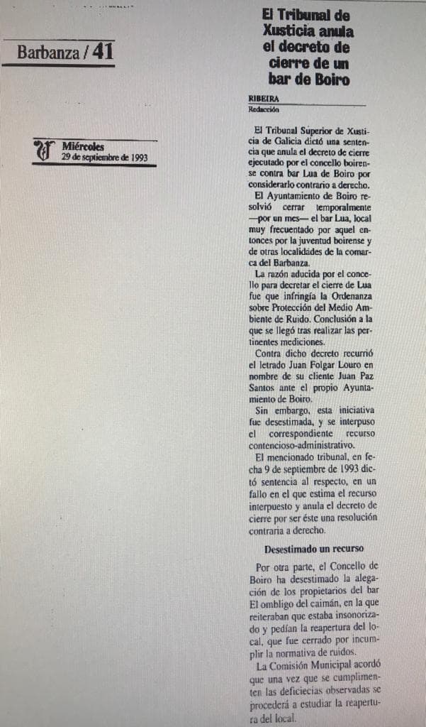 HEMEROTECA: LA VOZ DE GALICIA (29-09-1.993): EL TRIBUNAL SUPERIOR DE JUSTICIA DE GALICIA ANULA DECRETO CIERRE PUB EN BOIRO